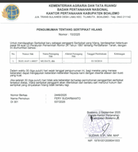 Pengumuman Sertifikat Tanah Hilang, BPN Boalemo Terbitkan Pemberitahuan Resmi