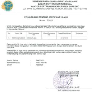 Kantor Pertanahan Boalemo Umumkan Kehilangan Sertifikat Tanah