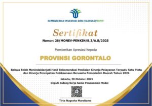 Kinerja DPMPTSP Gorontalo Masuk 3 Besar di Sulawesi dan 15 Besar Nasional
