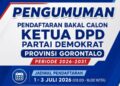 Flayer pengumuman pendaftaran bakal calon Ketua DPD Partai Demokrat Provinsi Gorontalo